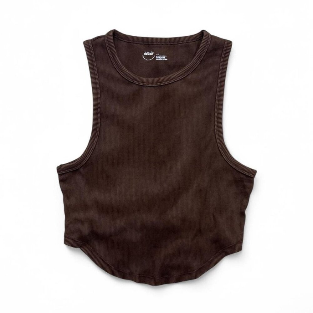 Aerie Chocolate Brown Ribbed Curved Hem Tank Top Cropped Size‎ L